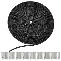 Rundes Seil aus Strassen zum Selbermachen, mit Schnürsenkelschnallen aus Messing, verriegelt die Enden der Clips, zum Nähen von Basteldekoration, Schwarz, Seil: 4 mm, ca. 6 m, Clipsenden: 30St