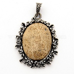 Geamstone Natural Picture Jasper Oval Pendants, with Antique Silver Alloy Pendant Settings, 44x32x10mm, Hole: 5x8mm