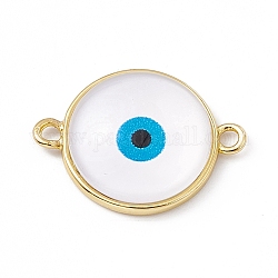 Encantos del conector de resina mal de ojo, enlaces redondos planos, con fornituras de latón de tono de oro, blanco, 16.5x22x5mm, agujero: 1.8 mm