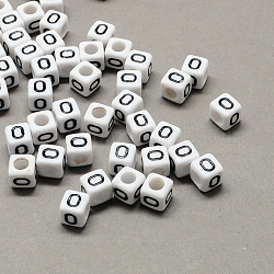 Perline europee di grandi dimensioni in acrilico, foro orizzontale, bianco & nero, cubo con letter.o, 7~8x7~8x7~8mm, Foro: 4 mm, circa 1144pcs/500g