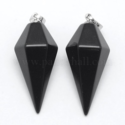 Pendentifs pointus d'obsidienne naturelle, avec les accessoires en laiton, balle, platine, 38.5x16x14.5mm, Trou: 5x8mm