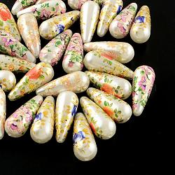 Perle acriliche stampate con fiori a goccia, perle imitazione perla, opaco, colore misto, 32x13mm, Foro: 1.5 mm