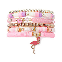 6 Stück 6-teiliges Stretch-Armband-Set aus natürlicher malaysischer Jade, Perlen und synthetischen Hämatitperlen, Heishi-Preppy-Armbänder aus Fimo mit Flamingo-Anhängern, rosa, Innendurchmesser: 2~2-1/4 Zoll (5.2~5.6 cm), 1pc / style