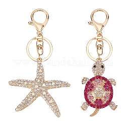 WADORN 2Pcs 2 Style Colorful Full Rhinestones Pendant Keychain, with Alloy Findings, for Bag Purse Car Ornament, Starfish & Tortoise, Mixed Color, 13.2cm, 1pc/style