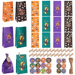 24Pcs 4 Colors Halloween Paper Storage Gift Bag Sets, Rectangle Trick or Treat Pouches, with Wooden Clips, Round Dot Sealing Stickers and Rope, Mixed Color, Bag: 17.8x9.1x0.1cm, 6pcs/color