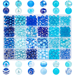 Pandahall Elite 600 Stück 24 Stil runde Perlen Schmuckherstellungsset, einschließlich Acryl-, Glas- und Harzperlen, Blau, 8 mm, Bohrung: 1.3~2 mm, 25pcs / style