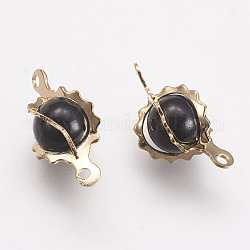 Connettori per maglie in ottone, con perline di perla acrilico, tondo, nero, vero placcato oro 18k, 15x7.5mm, Foro: 1 mm
