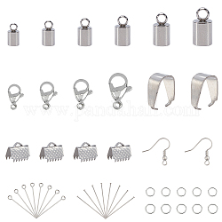 Unicraftale DIY 304 Stainless Steel Finding Kits, Including Cord Ends & Lobster Claw Clasps & Open Jump Rings & Eye Pin & Flat Head Pins & Ribbon Crimp Ends & Earring Hooks, Stainless Steel Color, 9x5mm, Hole: 2mm, Inner Diameter: 4mm, 194pcs/box