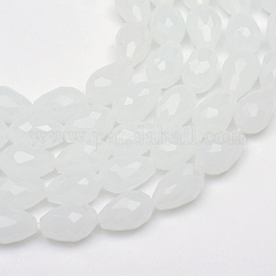 Larme, Chapelets de perles en verre à facettes, jade d'imitation, blanc, 11~12x8mm, Trou: 1.5mm, Environ 56~59 pcs/chapelet, 27 pouce