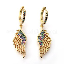 Brass Dangle Hoop Earrings, with Micro Pave Cubic Zirconia, Wing, Colorful, Golden, 41.5mm, Pin: 0.8mm