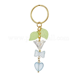 Bowknot & Heart Glass Pendant Decorations, with Acrylic Leaf/Flower Charm amd Iron Split Key Rings, Light Sky Blue, 8.8cm