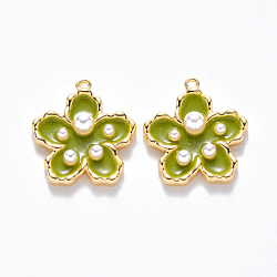 Brass Enamel Pendants, with ABS Plastic Imitation Pearl, Nickel Free, Flower, Real 18K Gold Plated, Lime Green, 16.5x15.5x4mm, Hole: 1mm