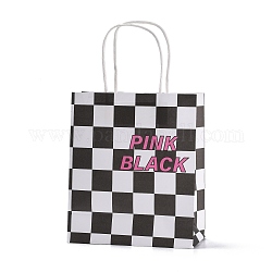 格子縞の紙袋  ハンドル付き  ギフトバッグやショッピングバッグ用  長方形  ブラック  18.2x8x20.9cm