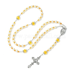 Glass Pearl Rosary Bead Necklace, Alloy Cross & Virgin Mary Pendant Necklace, Yellow, 24.41 inch(62cm)