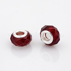 Perles européen en verre à facettes, perles de rondelle avec grand trou , avec des noyaux de laiton de ton argent, rouge foncé, 14x9mm, Trou: 5mm