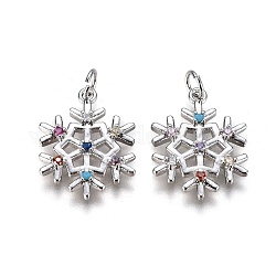 Brass Micro Pave Cubic Zirconia Pendants, with Enamel and Jump Ring, Christmas, Snowflake, Platinum, 19x15x2.3mm, Hole: 3mm