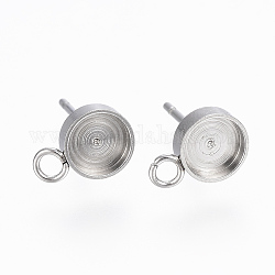 Accessoires de puces d'oreilles en 201 acier inoxydable, avec boucles et 304 épingles en acier inoxydable, plat rond, couleur inoxydable, Plateau: 5 mm, 9x6x2mm, Trou: 2mm, pin: 0.8 mm