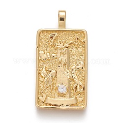 Brass Micro Pave Clear Cubic Zirconia Pendants, Real 18K Gold Plated, Tarot Card Charms, The Tower, Real 18K Gold Plated, 30x15x4mm, Hole: 3~4mm