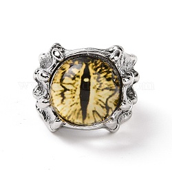 Anelli a fascia larga in vetro occhio di drago per uomo, anello aperto con artiglio di drago in lega punk, argento antico, giallo, misura degli stati uniti 8 (18.1mm)