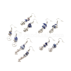 Perlenohrringe aus natürlichen Sodalith-Chips, Lange Ohrhänger aus Messing mit Meeresthema für Damen, Mischform, Antik Silber Farbe, 50~55 mm, Stift: 0.7 mm