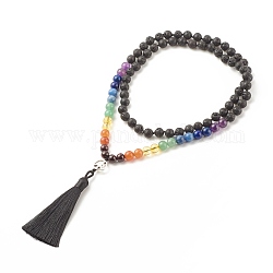 7 buddhistische Chakra-Halskette, Runde Perlenkette aus natürlichen und synthetischen gemischten Edelsteinen mit Friedenszeichen aus Legierung und großer Quaste für Frauen, 31.50 Zoll (80 cm)