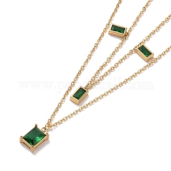 Green Glass Rectangle Charms Double Layer Necklace, Ion Plating(IP) 304 Stainless Steel Jewelry for Women, Golden, 15.16 inch(38.5cm)