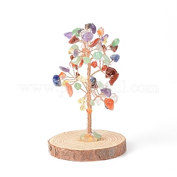 Chips de pierres précieuses naturelles avec arbre d'argent en fil de laiton enveloppé sur des décorations d'affichage à base de bois, pour la décoration de bureau à domicile bonne chance, 51.5~75x115mm