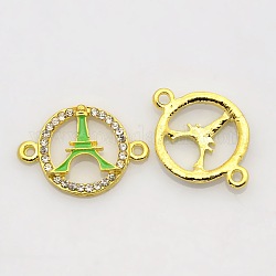 Conectores de enlaces de múltiples piedras de rhinestone de esmalte de aleación de tono dorado, anillo con la torre Eiffel, cal, 25x18x3mm, agujero: 2 mm