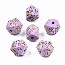 Perle di legno naturale verniciate, motivo inciso al laser, sfaccettato, poligono con stampa leopardata, medio orchidea, 16x15.5~16.5x15.5~16.5mm, Foro: 3 mm