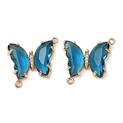 Brass Pave Faceted Glass Connector Charms, Golden Tone Butterfly Links, Steel Blue, 20x22x5mm, Hole: 1.2mm