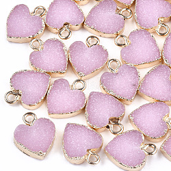 Electroplate Druzy Resin Pendants, with Iron Findings, Heart, Light Gold, Pearl Pink, 15x12x3.5~4mm, Hole: 1mm