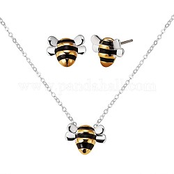 Boucles d'oreilles et collier pendentif abeille en laiton, joli ensemble de bijoux animaux pour femme, platine et d'or, 16.93 pouce (43 cm), 11x9mm