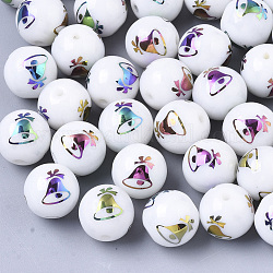Perles de verre opaque de Noël, rond avec motif de cloche de noël galvanoplastie, multi-couleur plaquée, 10mm, Trou: 1.2mm