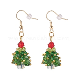 Glass Braided Beaded Christmas Tree Dangle Earrings, Golden Brass Wire Wrap Jewelry for Woman, Colorful, 49mm, Pin: 0.7mm