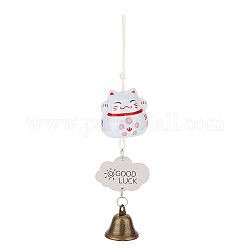 Porcelain Maneki Neko Wind Chimes, Alloy Bell Hanging Ornament for Landscape Outdoor Balcony Decoration, with Wood Lucky Card, White, 255mm, Cat: 50x51mm