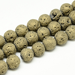 Galvanoplastie des brins de perles de pierre de lave naturelle, Style mat, ronde, plaqué or et de lumière, 6~7mm, Trou: 1mm, Environ 60 pcs/chapelet, 14.7~15.1 pouce