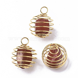 Eiserne Spiralperlenkäfiganhänger, mit natürlichen roten Jaspisperlen im Inneren, Runde, golden, 21x24~26 mm, Bohrung: 5 mm