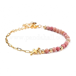 Charm Bracelets, with Natural Rhodochrosite Beads, 304 Stainless Steel Cross Charms, Brass Paperclip Chains & Round Beads, 7-5/8 inch(19.3cm)