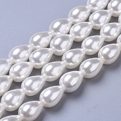 Fili di perle di conchiglia lucidati, lacrima, bianco, 10.5x7.5mm, Foro: 0.7 mm,circa37pcs/filo, 15.9 pollici (40.5 cm)