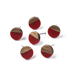 Orecchini a bottone in resina opaca e legno di noce, con 316 perni in acciaio inox, rotondo e piatto, rosso scuro, 10mm, ago :0.7mm