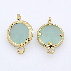 Golden Tone Brass Glass Links connectors, Faceted Flat Round, Pale Turquoise, 18x12x6mm, Hole: 1.5mm