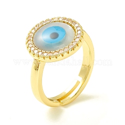 Clear Cubic Zirconia Flat Round with Evil Eye Adjustable Ring, Real 18K Gold Plated Brass Ring for Women, Cadmium Free & Lead Free, Sky Blue, US Size 6 1/4(16.7mm)