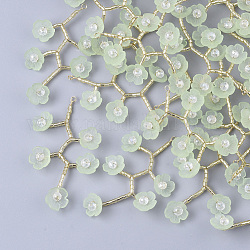 Acrylic Big Pendants, with Clear Glass Beads, Glass Seed Beads and Golden Plated Brass Wires, Flower, Light Green, 55~60x30~35mm, Hole: 2mm