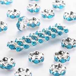 Brass Rhinestone Spacer Beads, Grade A, Blue Rhinestone, Silver Color Plated, Nickel Free, about 8mm in diameter, 3.8mm thick, hole: 1.5mm