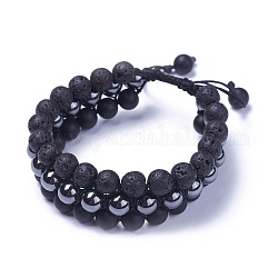 Adjustable Non-Magnetic Synthetic Hematite Braided Bead Bracelets, with Natural Lava Rock, Natural Black Agate Beads and Nylon Cord, 2-3/8 inch~3 inch(5.9~7.8cm)