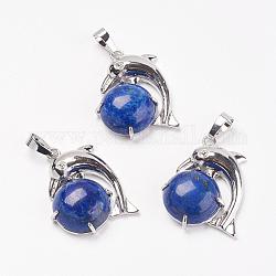 Dyed Natural Lapis Lazuli Pendants, with Brass Findings, Dolphin, Platinum, 30x23x8mm, Hole: 5x8mm