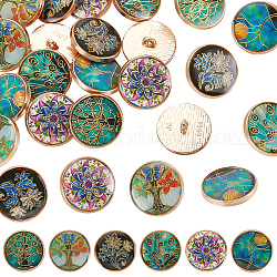 Olycraft 24 pièces 6 couleurs boutons à tige en alliage émaillé, 1-trou, plat rond avec motif floral, couleur mixte, 20x8mm, Trou: 2mm, 4 pcs / couleur