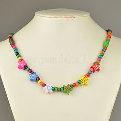 Holz Halsketten für Kinder, Kindertagsgeschenke, mit bunten Sterne-Perlen, dehnbar, Farbig, 19.5 Zoll