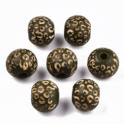 Perle di legno naturale verniciate, motivo inciso al laser, rotondo con stampa leopardata, verde oliva scuro, 10x8.5mm, Foro: 2.5 mm