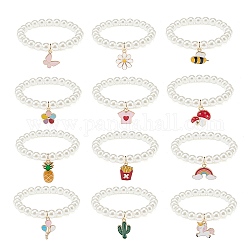12 pièces 12 style abs plastique perle ronde perlée bracelets extensibles ensemble, Bracelets à breloques en alliage d'émail papillon et ananas et arc-en-ciel et licorne pour enfant, couleur mixte, diamètre intérieur: 2 pouce (5 cm), 1pc / style